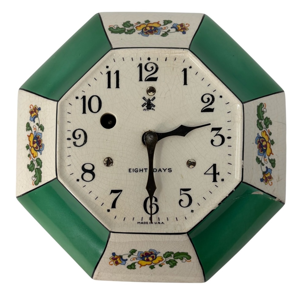 Vintage Miller 8 Day Porcelain Wall Clock Green Floral Octagon Wind Up USA 30's